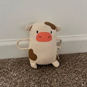 Panda crate Cute Canvas Cow Plush Toy in Cream and Brown with Coral Nose. Moos